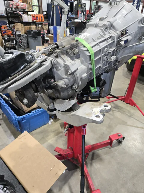 Engine and transmission together on the shop stand